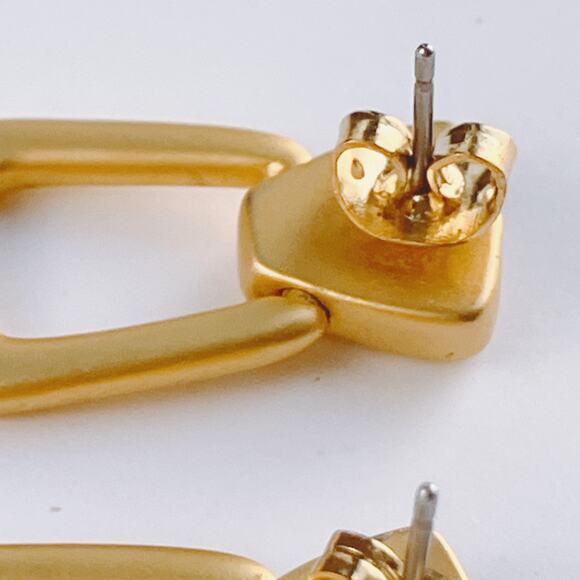 Vintage Matte Gold Tone Geometric Drop Doorknocker Earrings Modernist 80s Hinged - Picture 11 of 12